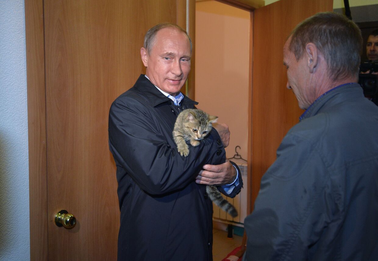 Президент России Владимир Путин держит на руках кошку во время проверки хода строительства жилья для пострадавших от пожаров в селе Краснополье