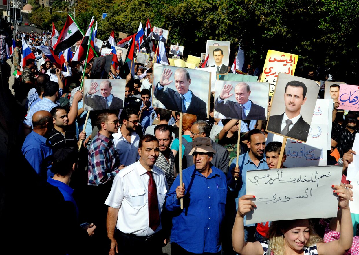 Митинг сторонников Башара Асада и Владимира Путина в Дамаске