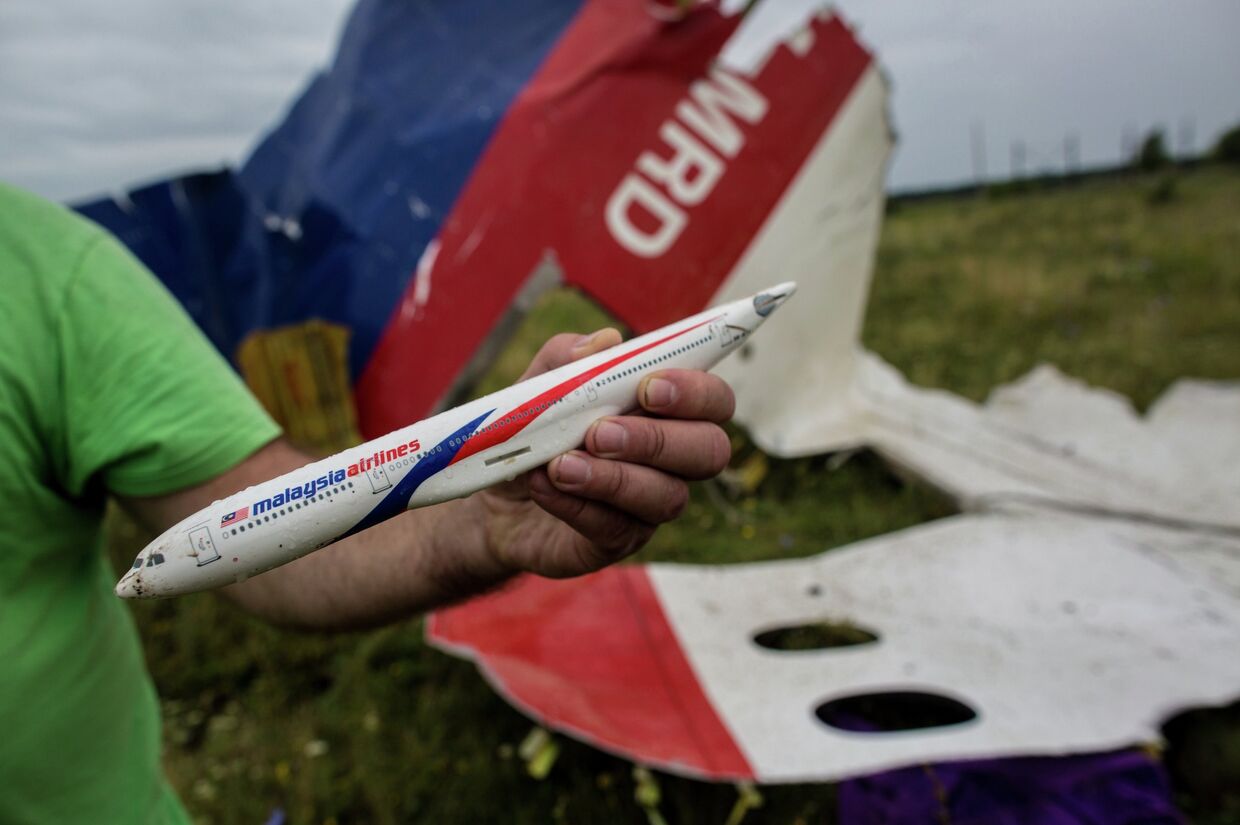Мужчина демонстрирует модель разбившегося самолета, найденную на месте крушения лайнера
