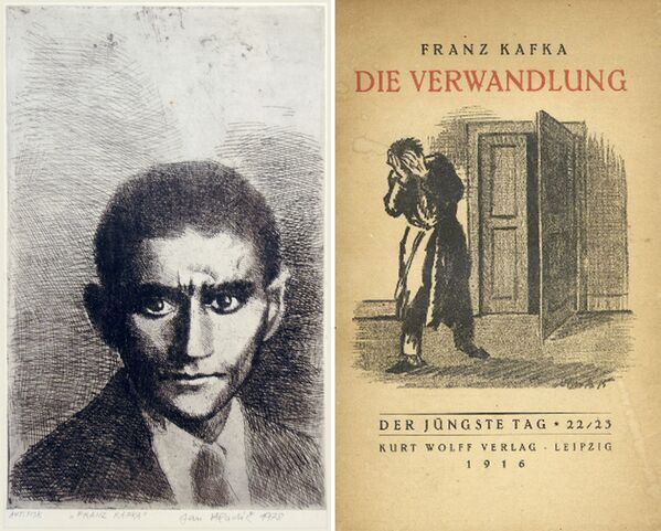 Портрет Франца Кафки и обложка сборника рассказов «Превращение»