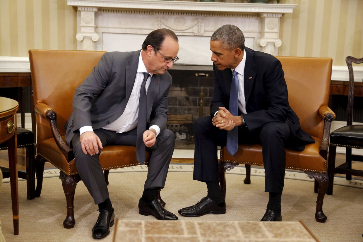 Президент Франции Франсуа Олланд и президент США Барак Обама во время встречи в Белом доме
