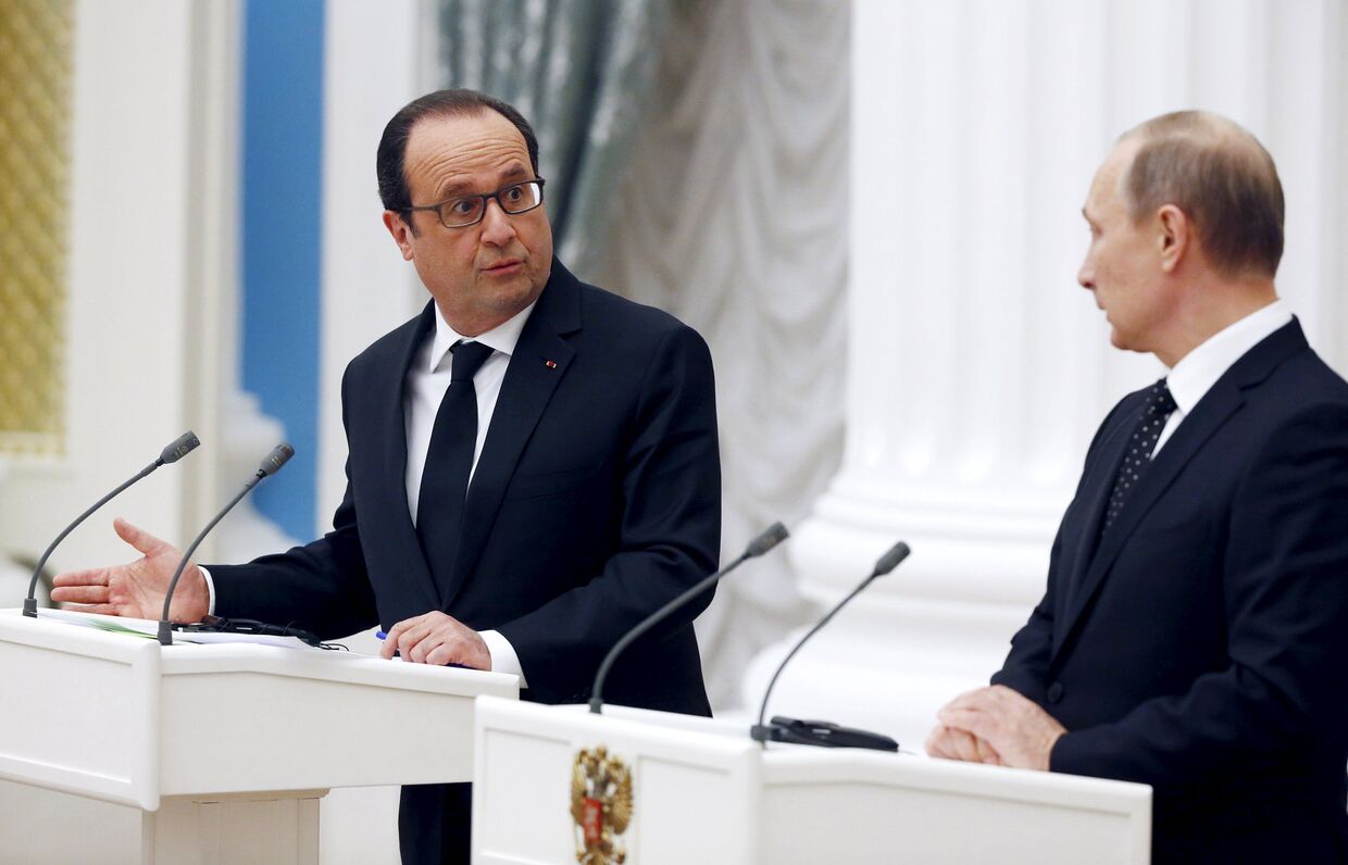 Президент России Владимир Путин и президент Франции Франсуа Олланд на пресс-конференции по итогам встречи в Кремле