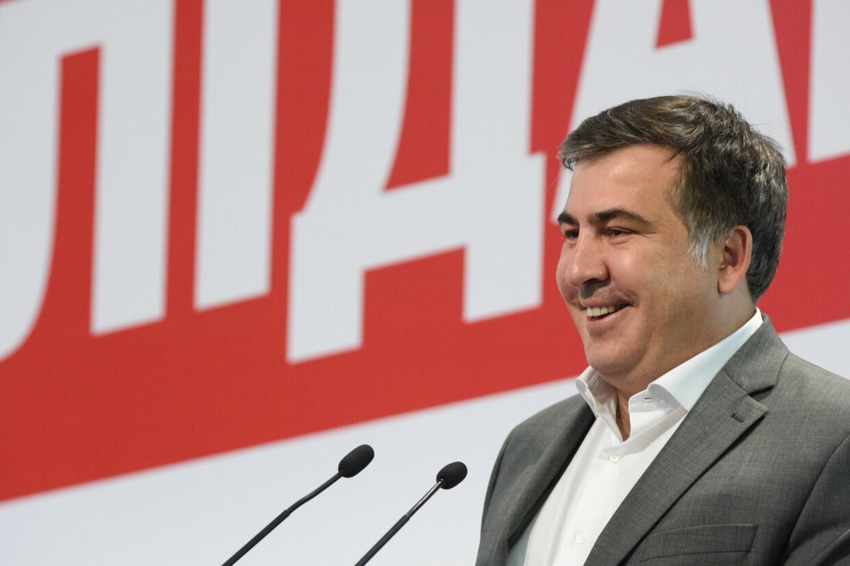 Губернатор Одесской области Михаил Саакашвили выступает на двенадцатом внеочередном съезде партии Блока Петра Порошенко Солидарность.