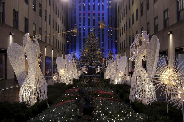 Рождественские елки рядом с Рокфеллеровским центром в Нью-Йорке