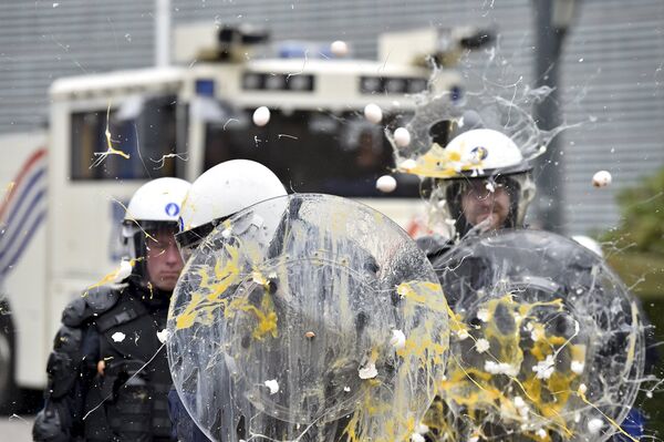 Фермеры бросают яйца в полицейских во время акции протеста перед штаб-квартирой Европейского союза в Брюсселе