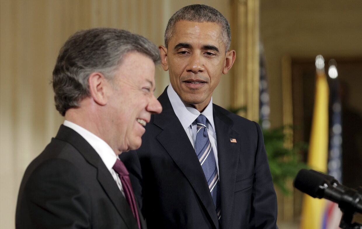 Президент США Барак Обама и президент Колумбии Хуан Мануэль Сантос на приеме в Белом доме