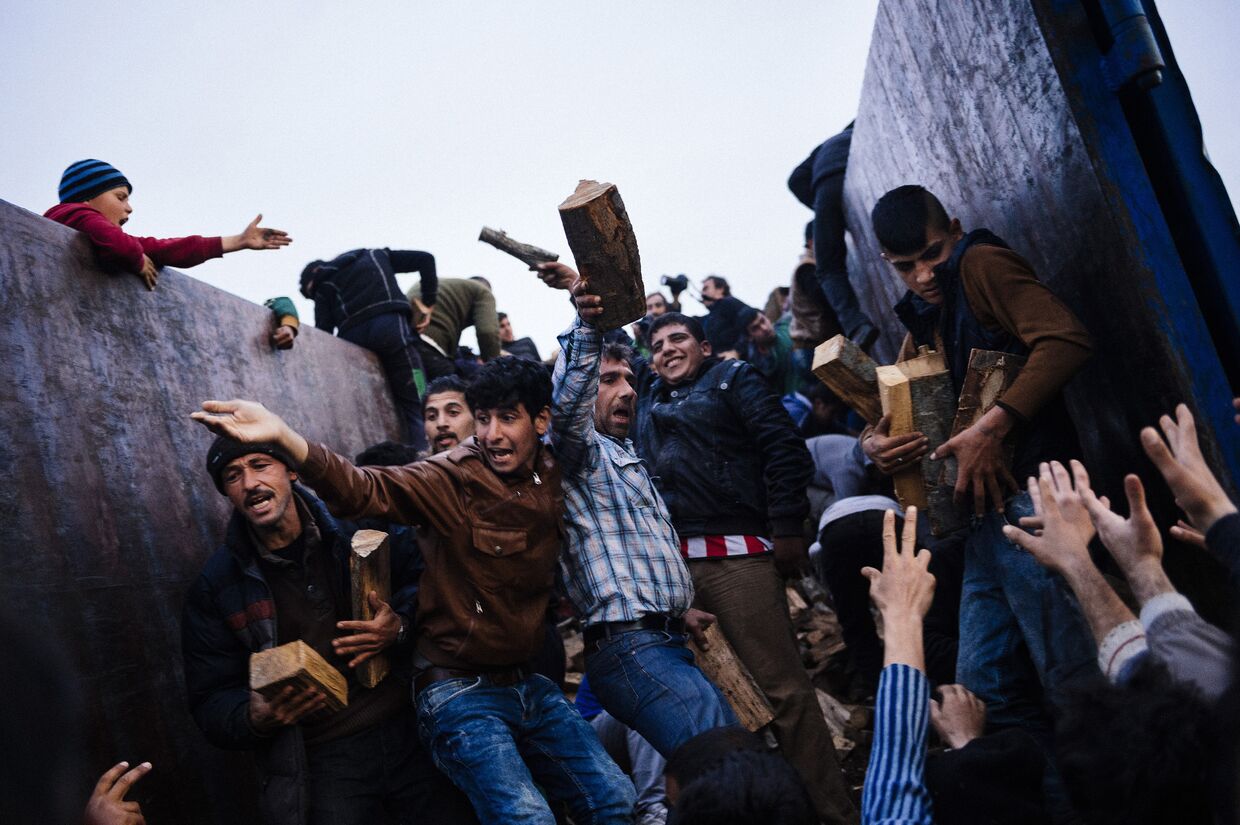 Беженцы запасаются дровами во временном лагере на границе Греции и Македонии