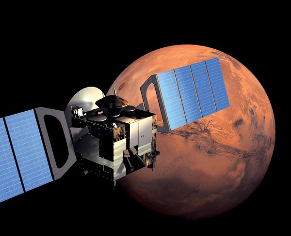 Спутник ЕКА Mars Express на орбите Марса. Иллюстрация Спутник ЕКА Mars Express на орбите Марса. Иллюстрация
