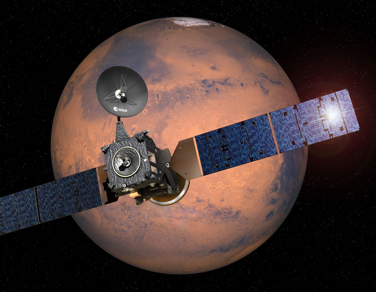 Так художник представляет себе полет космического аппарата ExoMars к Марсу