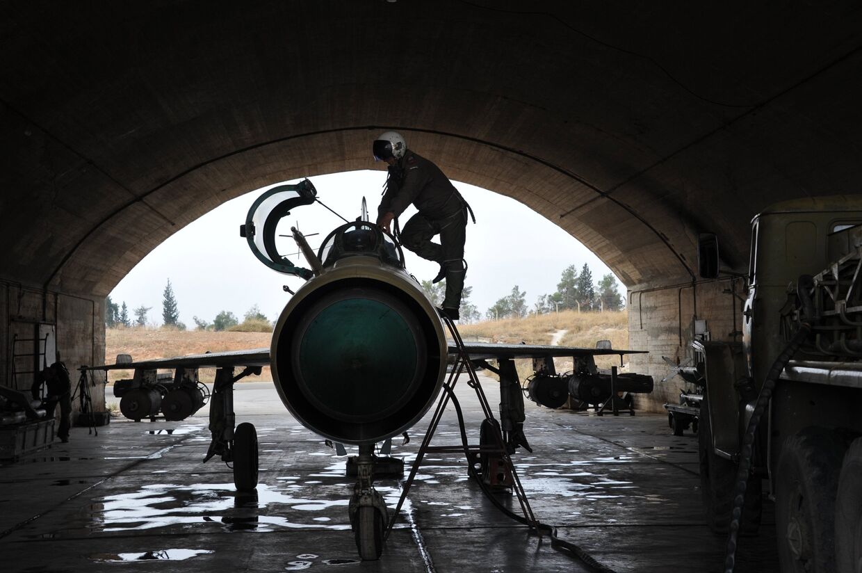 Сирийский летчик осматривает самолет МИГ-21 сирийских ВВС перед вылетом на авиабазе «Хама»