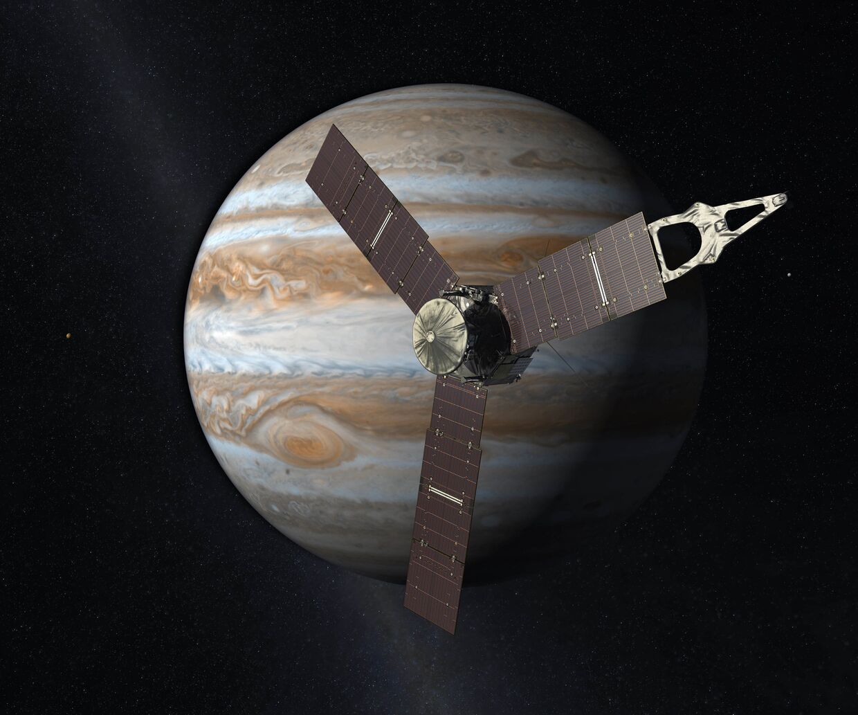 Так художник представляет себе космический аппарат «Юнона» на орбите Юпитера