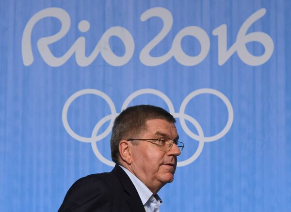 Глава Международного олимпийского комитета Томас Бах на пресс-конференции в Рио-де-Жанейро