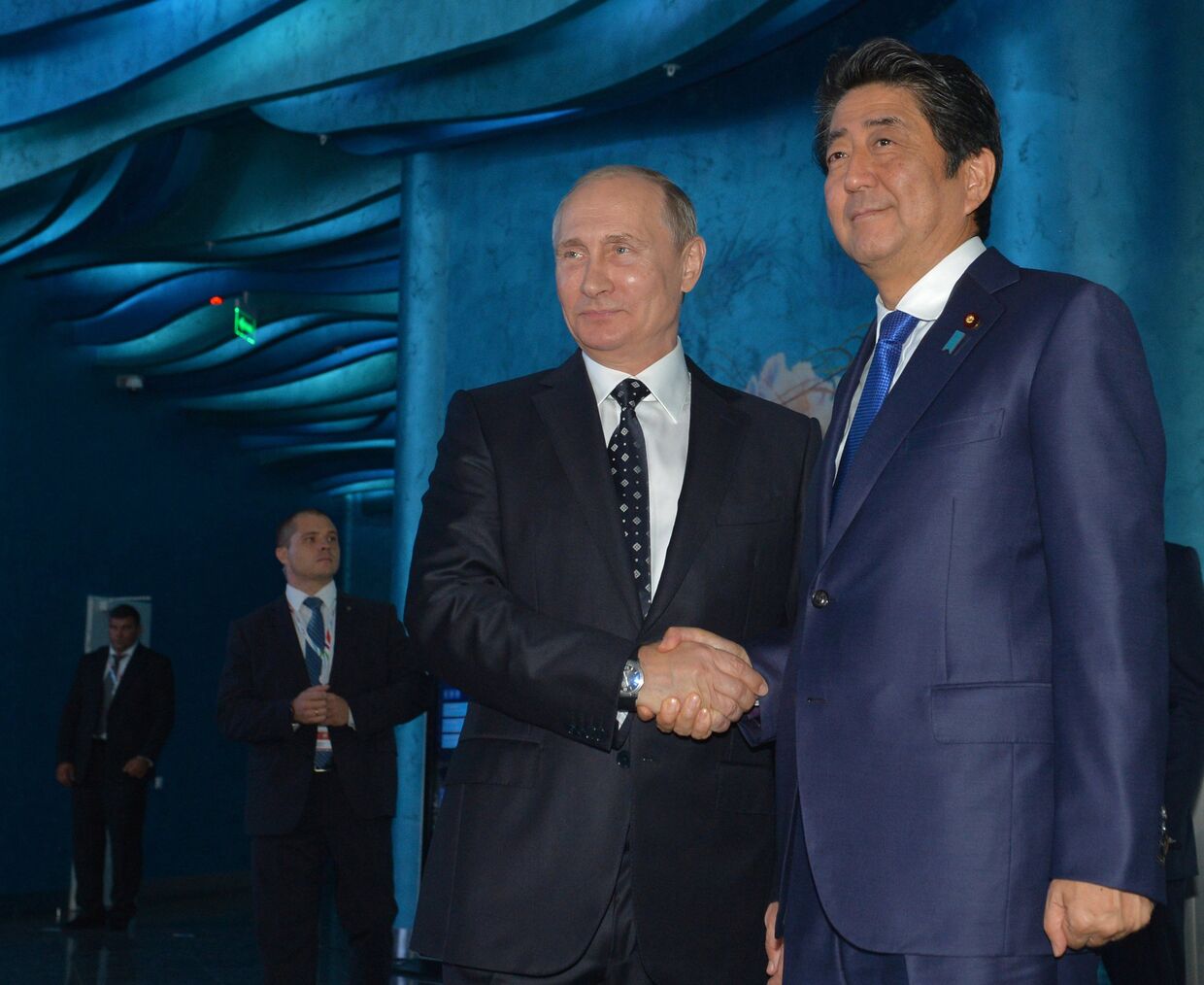 Президент РФ Владимир Путин и премьер-министр Японии Синдзо Абэ во время совместного осмотра Приморского океанариума на острове Русский