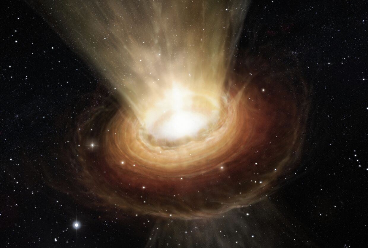 Сверхмассивная черная дыра в центре галактики в представлении художника