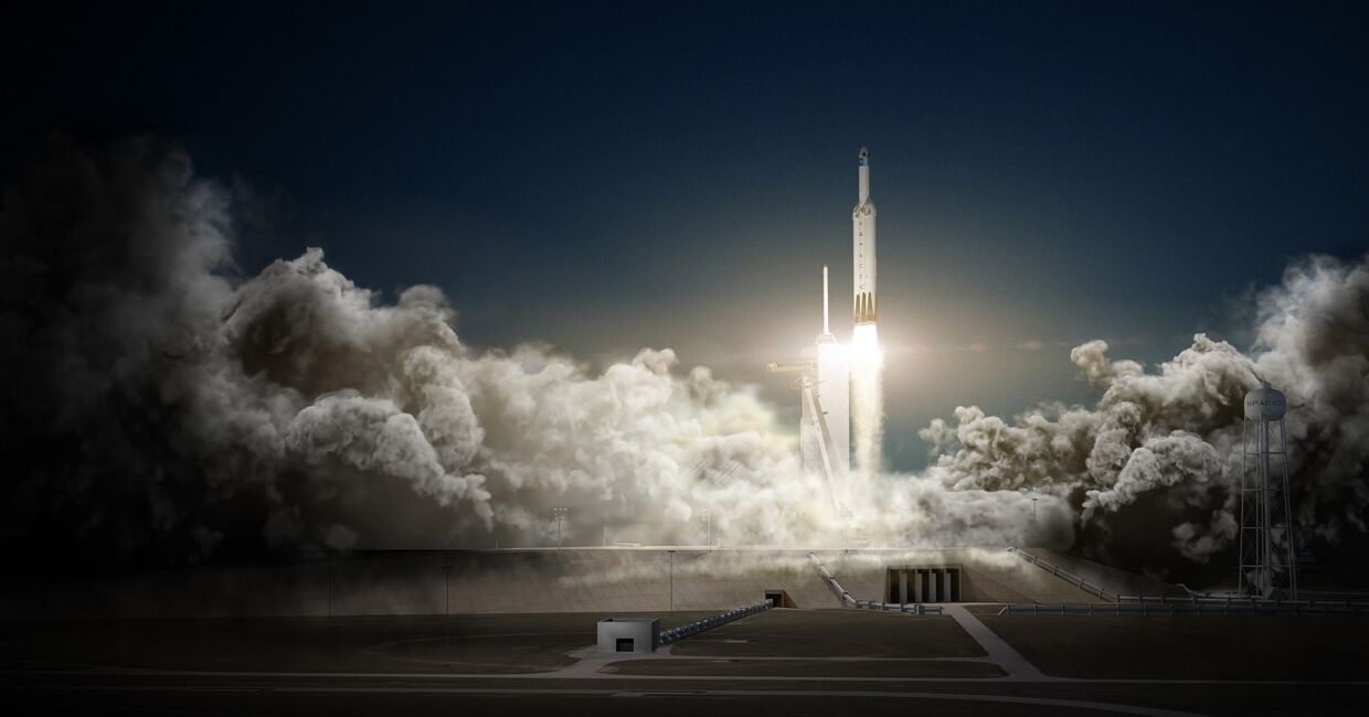 Иллюстрация старта ракеты Falcon Heavy компании SpaceX
