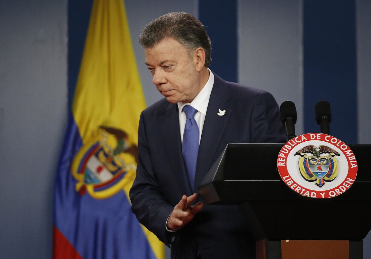 Президент Колумбии Хуан Мануэль Сантос во время пресс-конференции в Боготе