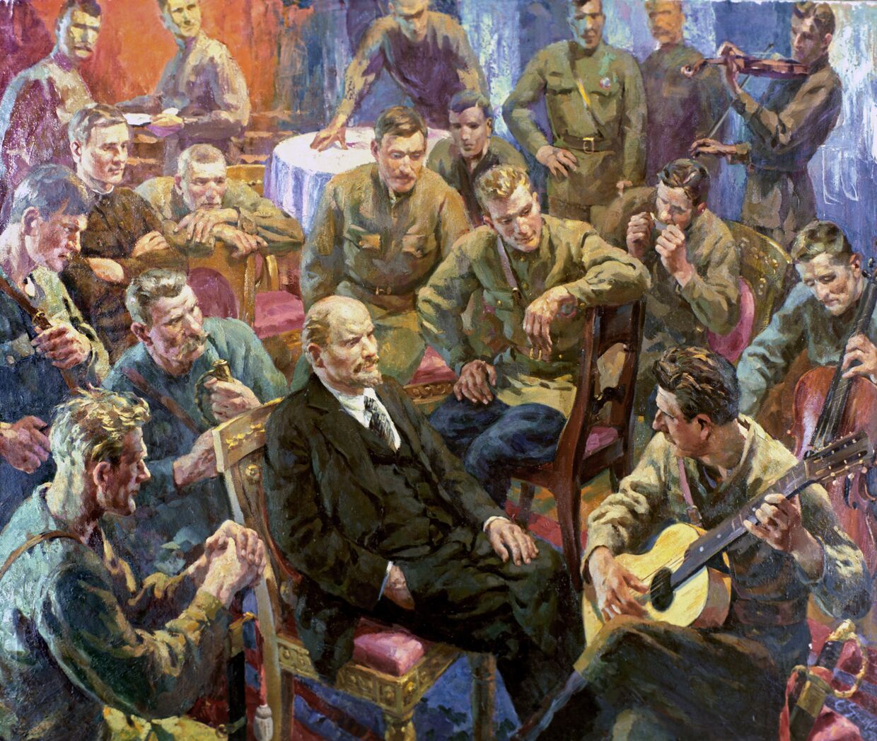 Репродукция картины «В.И. Ленин с латышскими стрелками в Кремле. 1 Мая 1918 года»