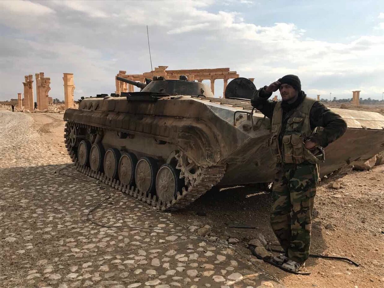 Сирийский военный возле историко-архитектурного комплекса Древней Пальмиры в сирийской провинции Хомс
