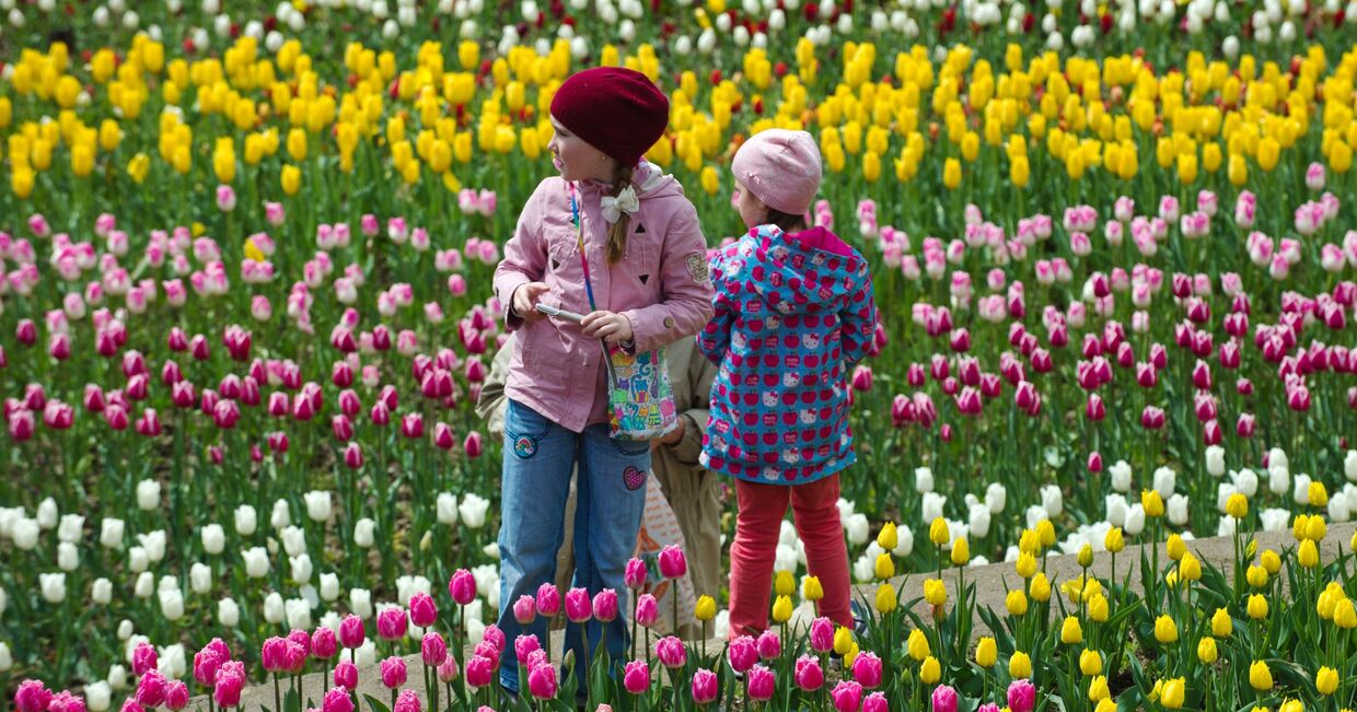 Посетители на открытии выставки Парад тюльпанов в Никитском ботаническом саду в Крыму