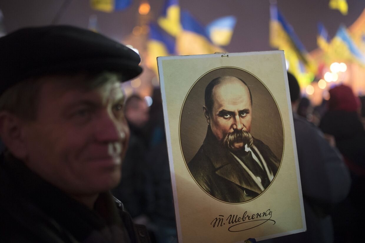 Участник акции сторонников евроинтеграции на Площади Независимости в Киеве