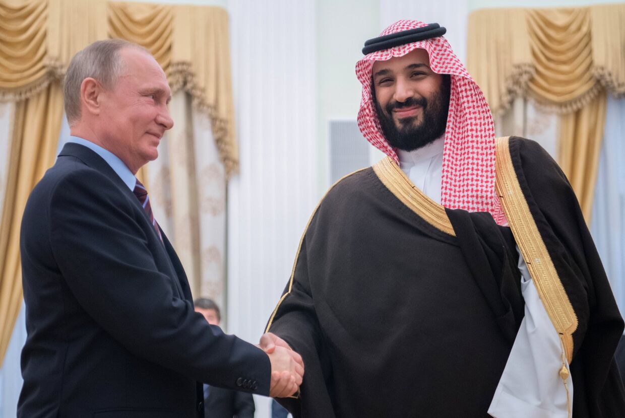 Президент РФ Владимир Путин и заместитель наследного принца, второй заместитель премьер-министра и министр обороны Саудовской Аравии Мухаммад ибн Салман Аль Сауд во время встречи. 30 мая 2017