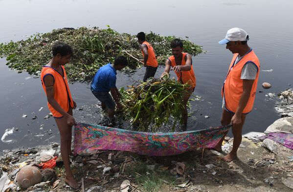 Рабочие, работающие по правительственной программе проводят работы по отчистке реки Ямуна в Нью-Дели