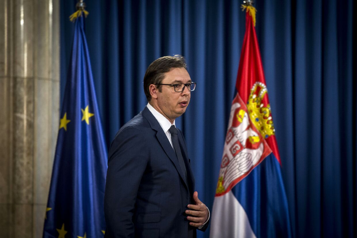 Президент Сербии Александр Вучич во время пресс-конференции в Белграде