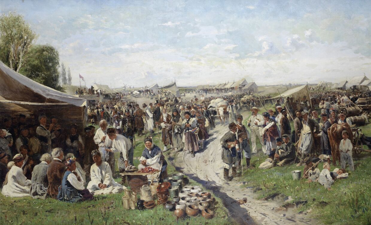 В. Маковский. Ярмарка (Малороссия), 1885 год (холст, масло 113х 180 см)