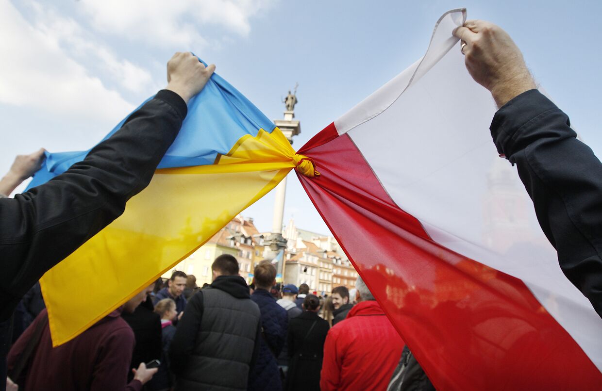 Флаги Польши и Украины во время демонстрации в поддержку оппозиционного движения на Украине
