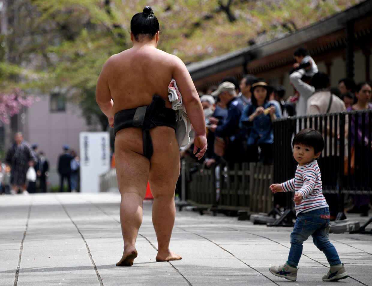 Борец сумо идет по улице в Токио