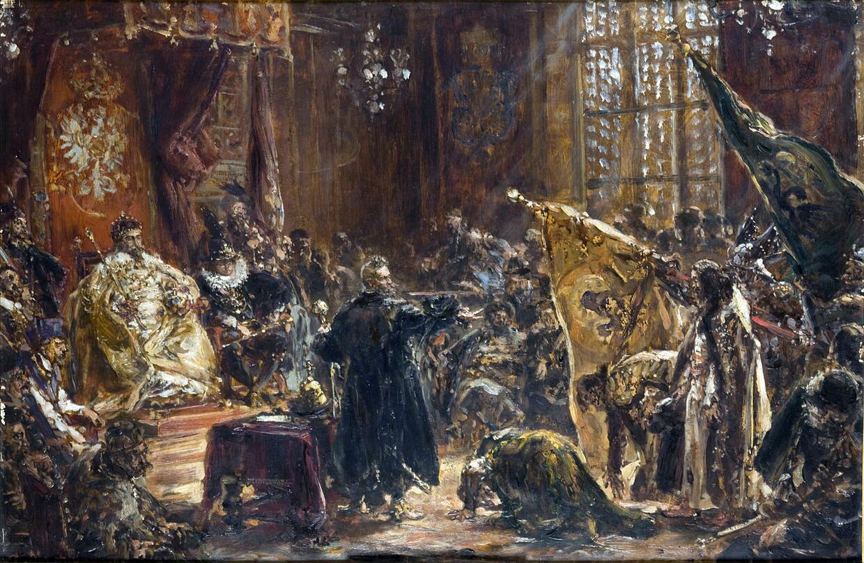 Русский царь Василий Шуйский приносит вассальную присягу королю Польши Сигизмунду III.