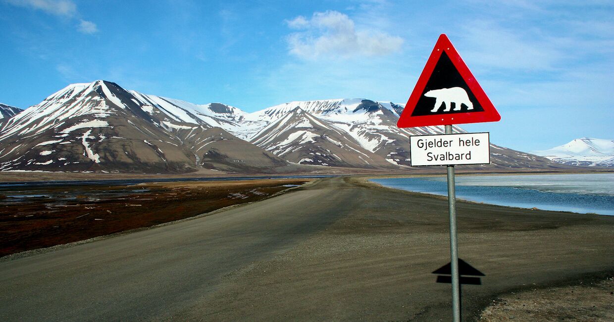 Знак, предупреждающий о белых медведях на Шпицбергене