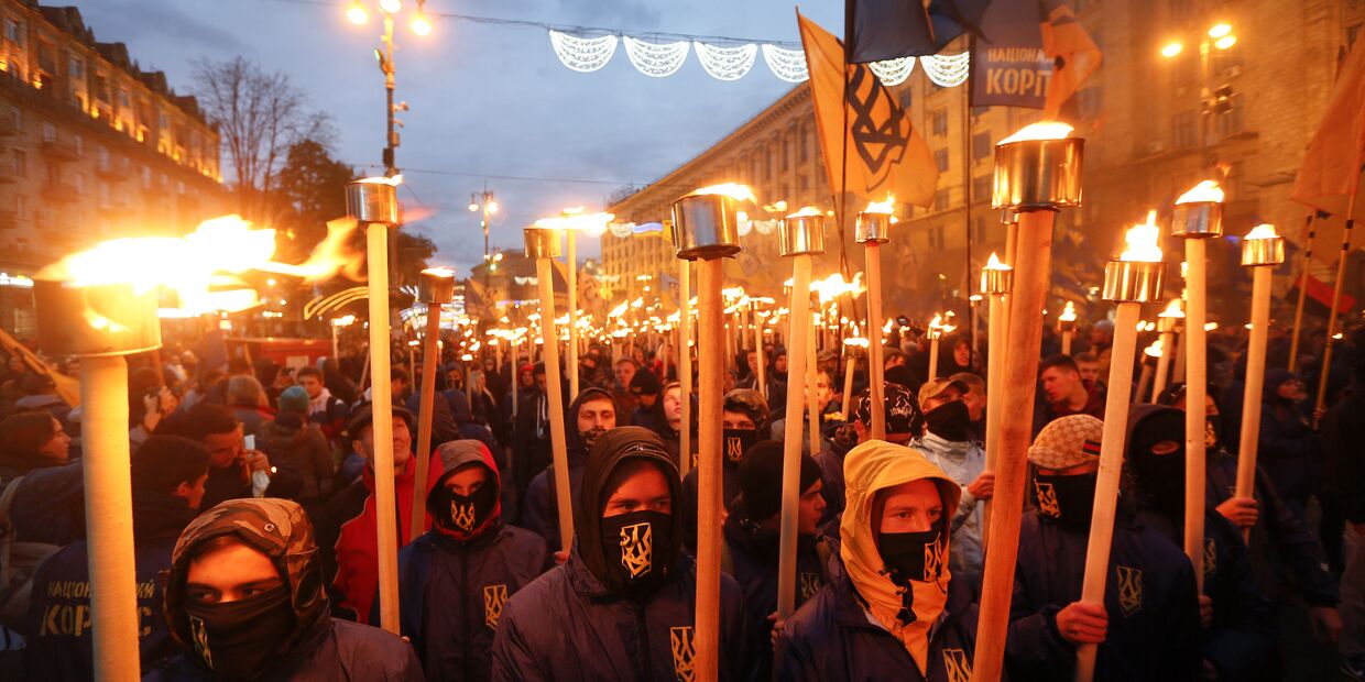 Марш по случаю 75-й годовщины создания Украинской повстанческой армии (запрещено в РФ) в Киеве, Украина. 14 октября 2017