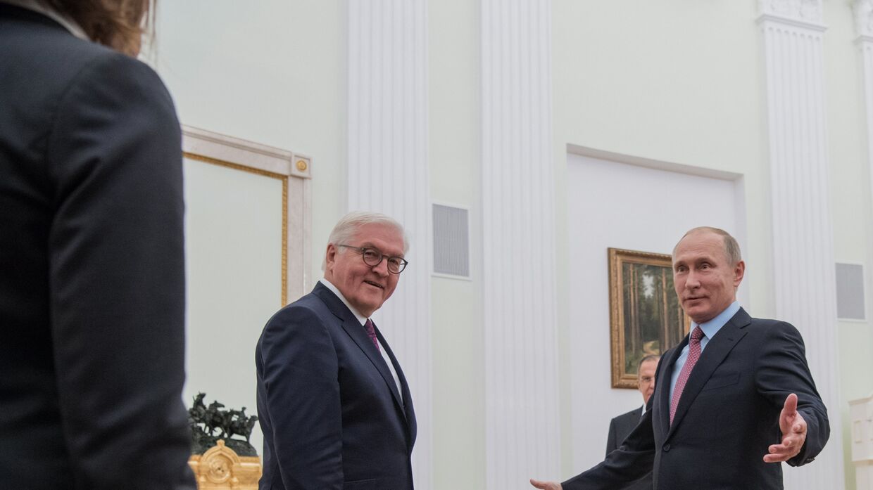 Владимир Путин и федеральный президент Федеративной Республики Германия Франк-Вальтер Штайнмайер во время встречи. 25 октября 2017