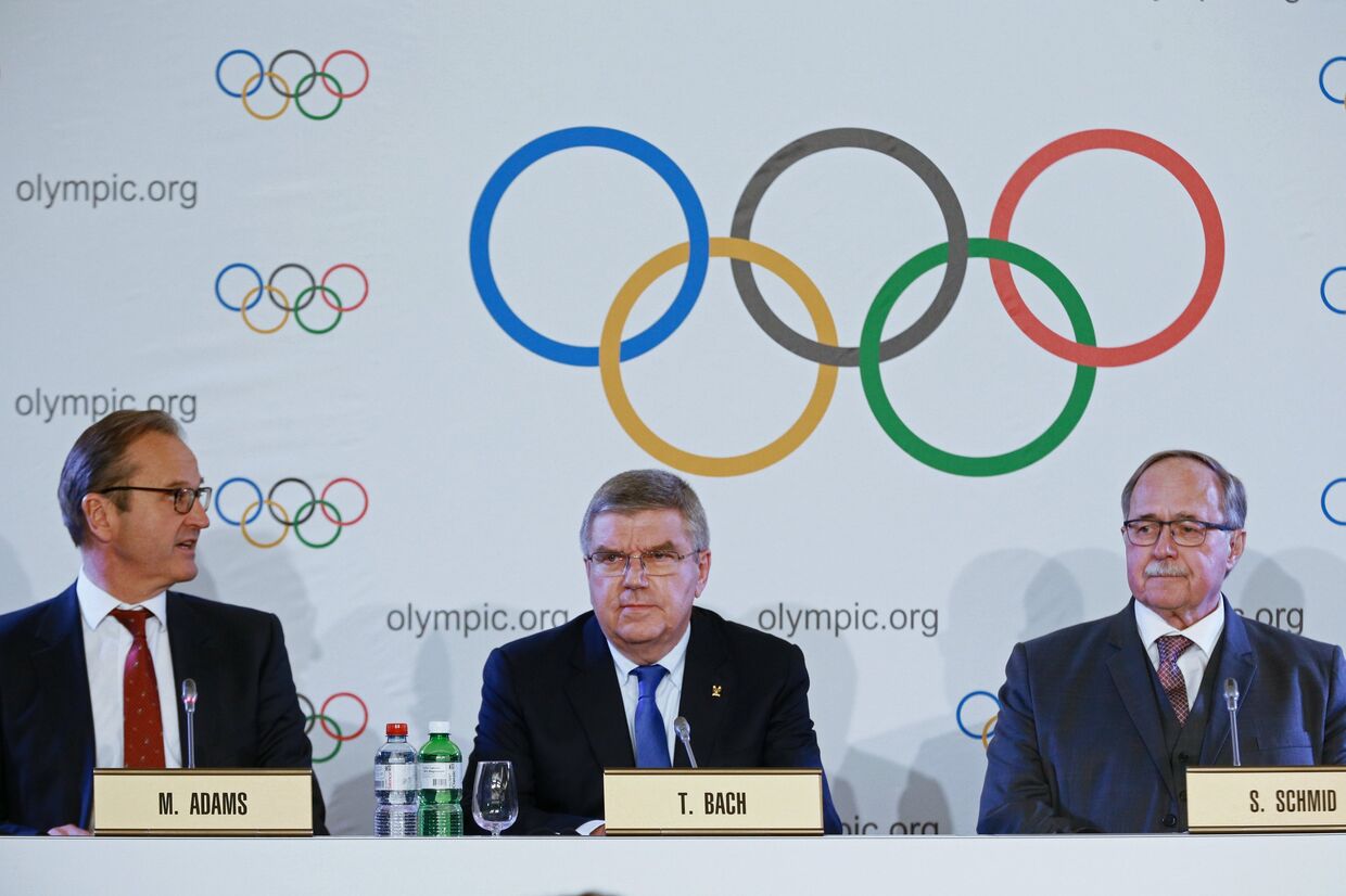 Президент Международного олимпийского комитета Томас Бах на пресс-конференции по итогам заседания исполкома Международного олимпийского комитета в Лозанне. 5 декабря 2017