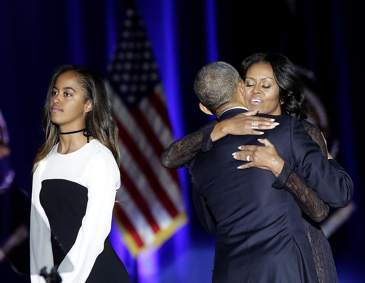 Президент США Барак Обама, первая леди Мишель Обама и их дочь Малия в Чикаго
