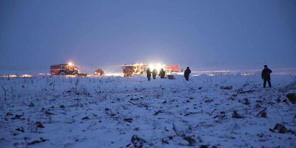 Сотрудники МЧС России на месте крушения самолета Ан-148 в Раменском районе Московской области