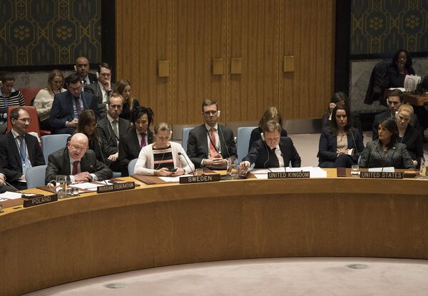 Постпред РФ при ООН Василий Небензя во время заседания Совета Безопасности ООН по вопросу о прекращении огня в Сирии. 24 февраля 2018 