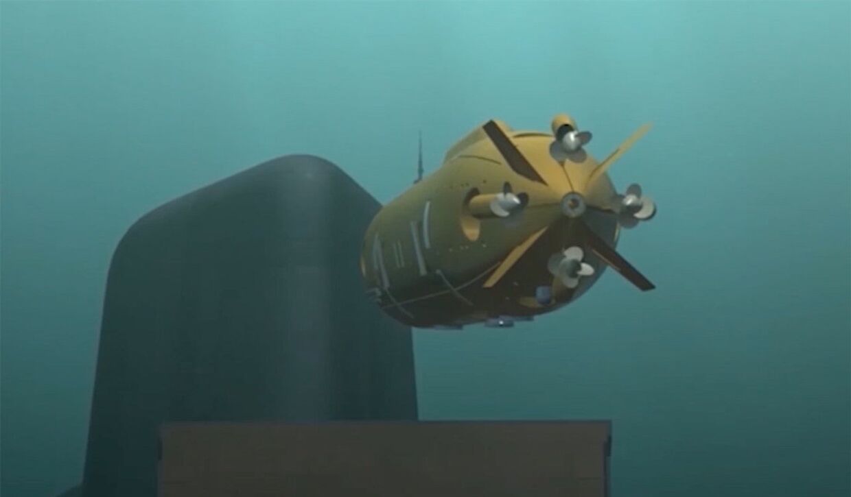 Демонстрация принципа действия океанской многоцелевой системы с беспилотными подводными аппаратами во время послания президента РФ Владимира Путина Федеральному собранию