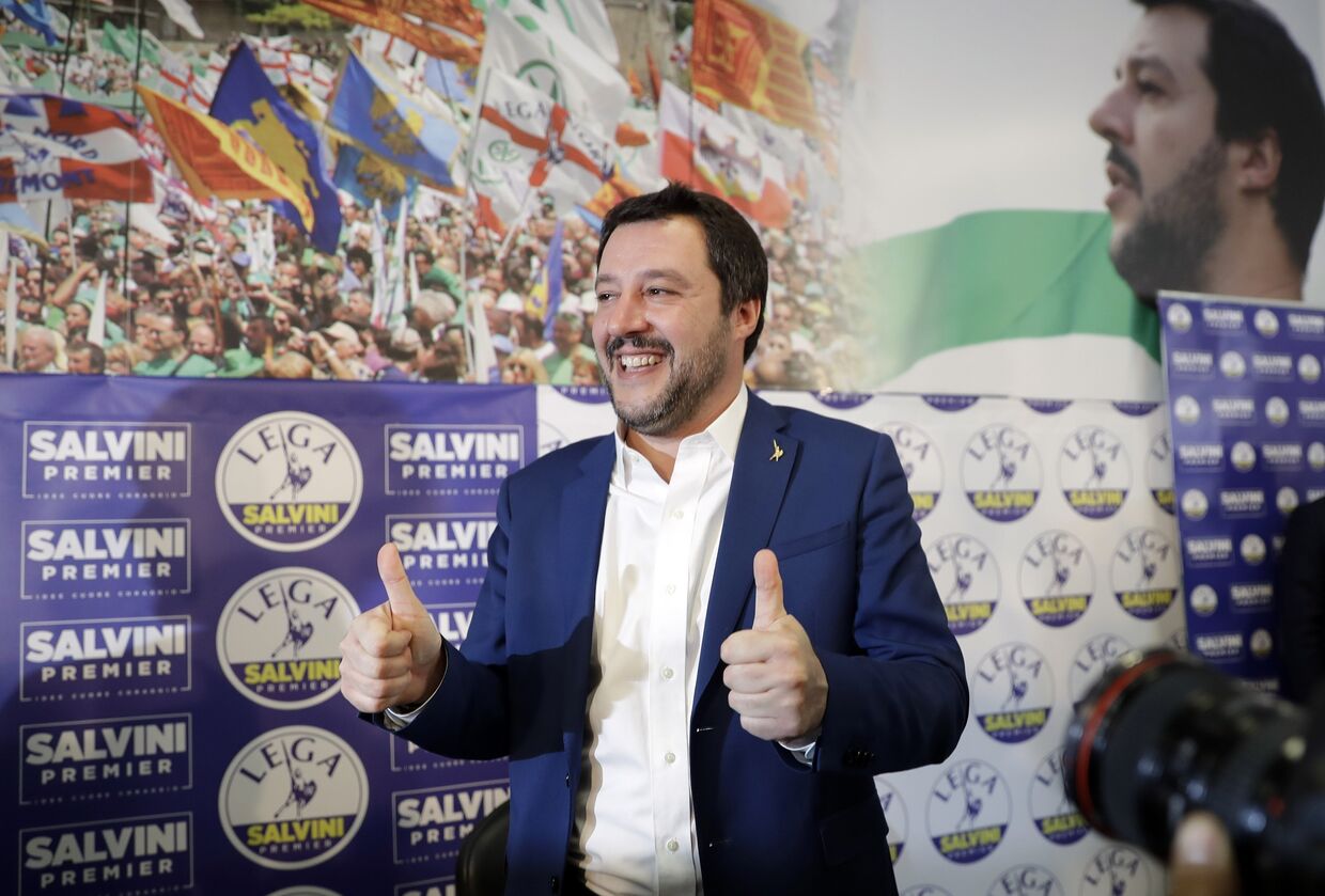 Маттео Сальвини из правой евроскептической партии «Лига Севера» на пресс-конференции по итогам выборов