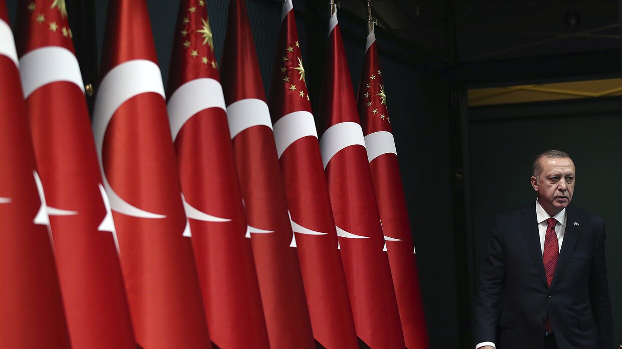 Президент Турции Реджеп Тайип Эрдоган выходит объявить о досрочных президентских и парламентских выборах