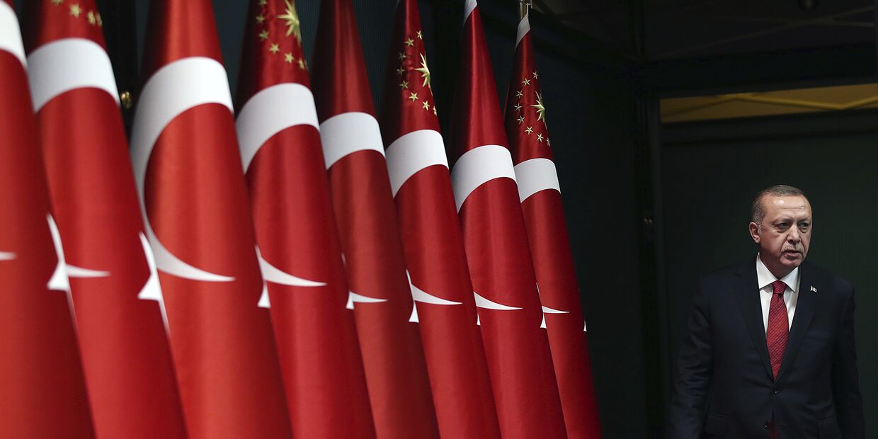 Президент Турции Реджеп Тайип Эрдоган выходит объявить о досрочных президентских и парламентских выборах