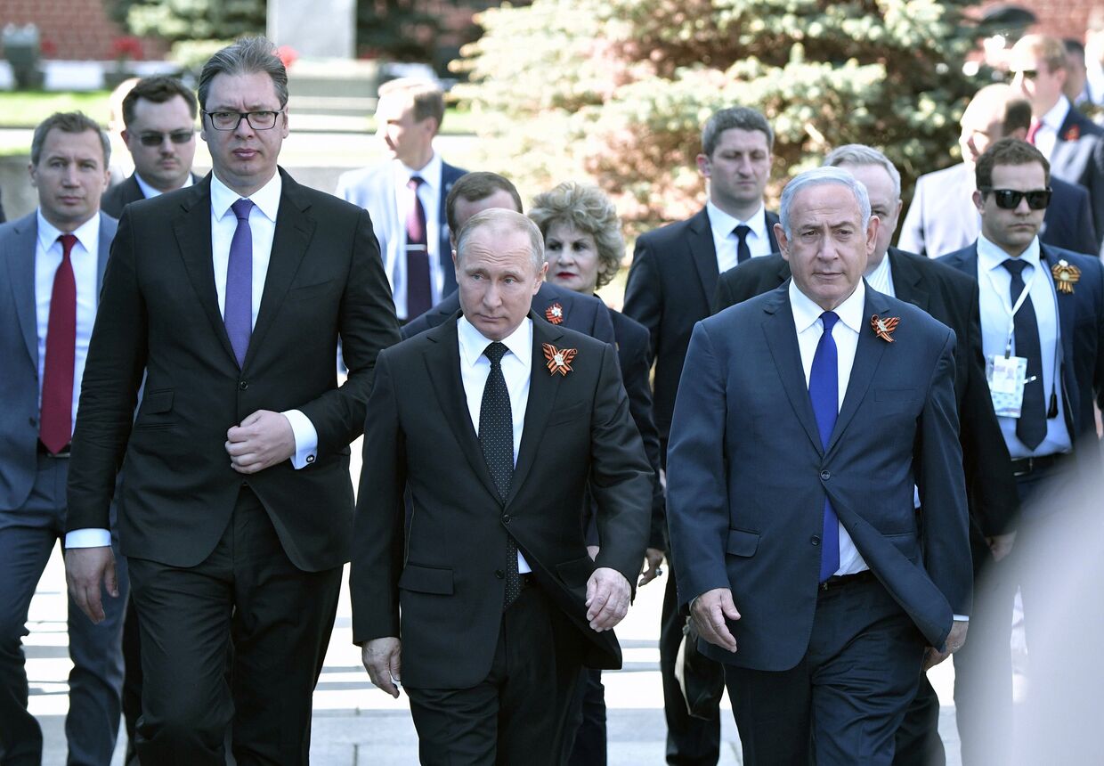 Президент РФ В.Путин, президент республики Сербии Александр Вучич и премьер-министр Израиля Биньямин Нетаньяху