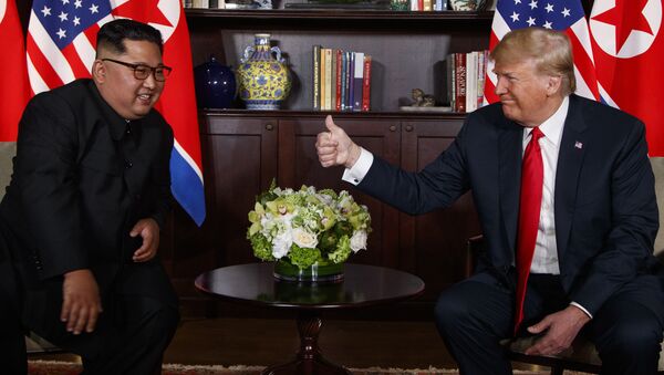 Лидер КНДР Ким Чен Ын и президент США Дональд Трамп во время встречи в Сингапуре. 12 июня 2018 Лидер КНДР Ким Чен Ын и президент США Дональд Трамп во время встречи в Сингапуре. 12 июня 2018