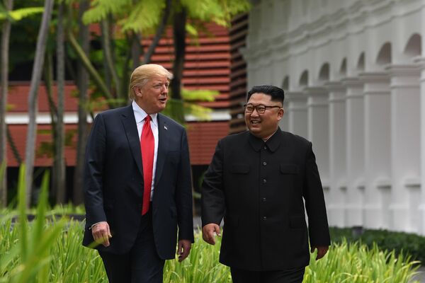 Президент США Дональд Трамп и лидер КНДР Ким Чен Ын Во время прогулки у отеля Капелла в Сингапуре. 12 июня 2018 Президент США Дональд Трамп и лидер КНДР Ким Чен Ын Во время прогулки у отеля Капелла в Сингапуре. 12 июня 2018