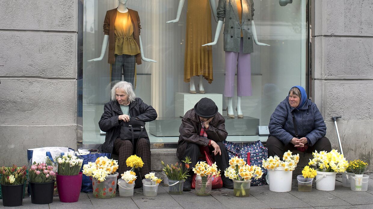 Женщины продают цветы на проспекте Гедиминаса в Вильнюсе, Литва