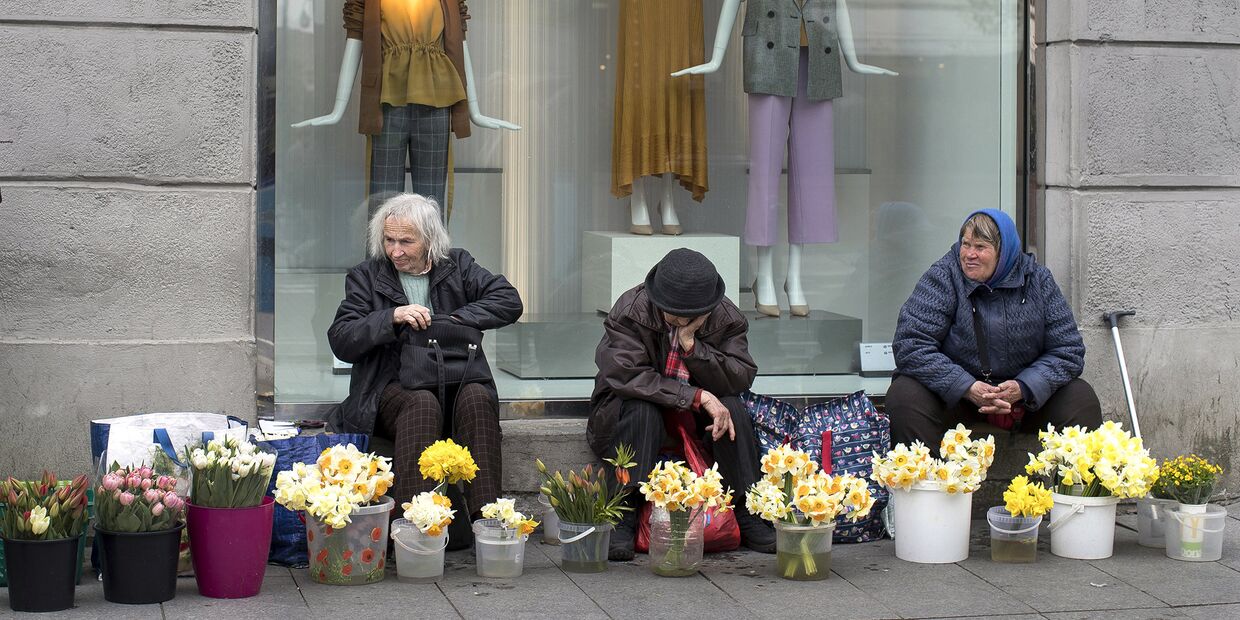 Женщины продают цветы на проспекте Гедиминаса в Вильнюсе, Литва