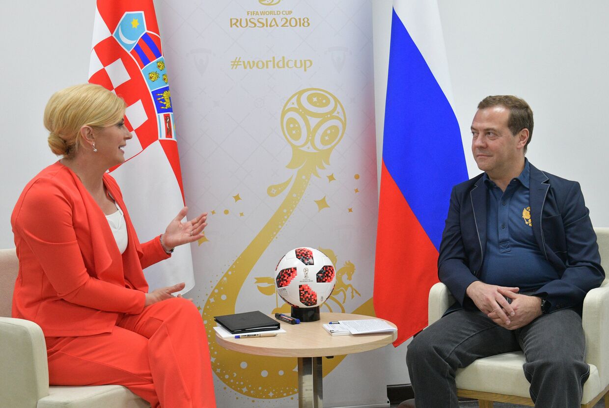 Дмитрий Медведев и президент Республики Хорватия Колинда Грабар-Китарович во время встречи. 7 июля 2018