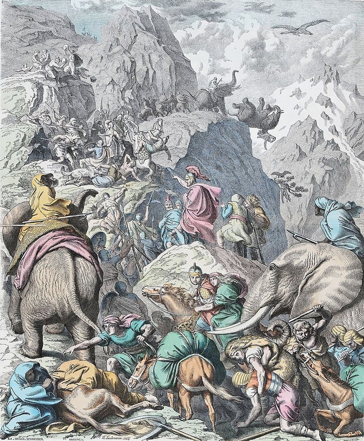 Переход Ганнибала через Альпы, цветная гравюра Генриха Лёйтеманна