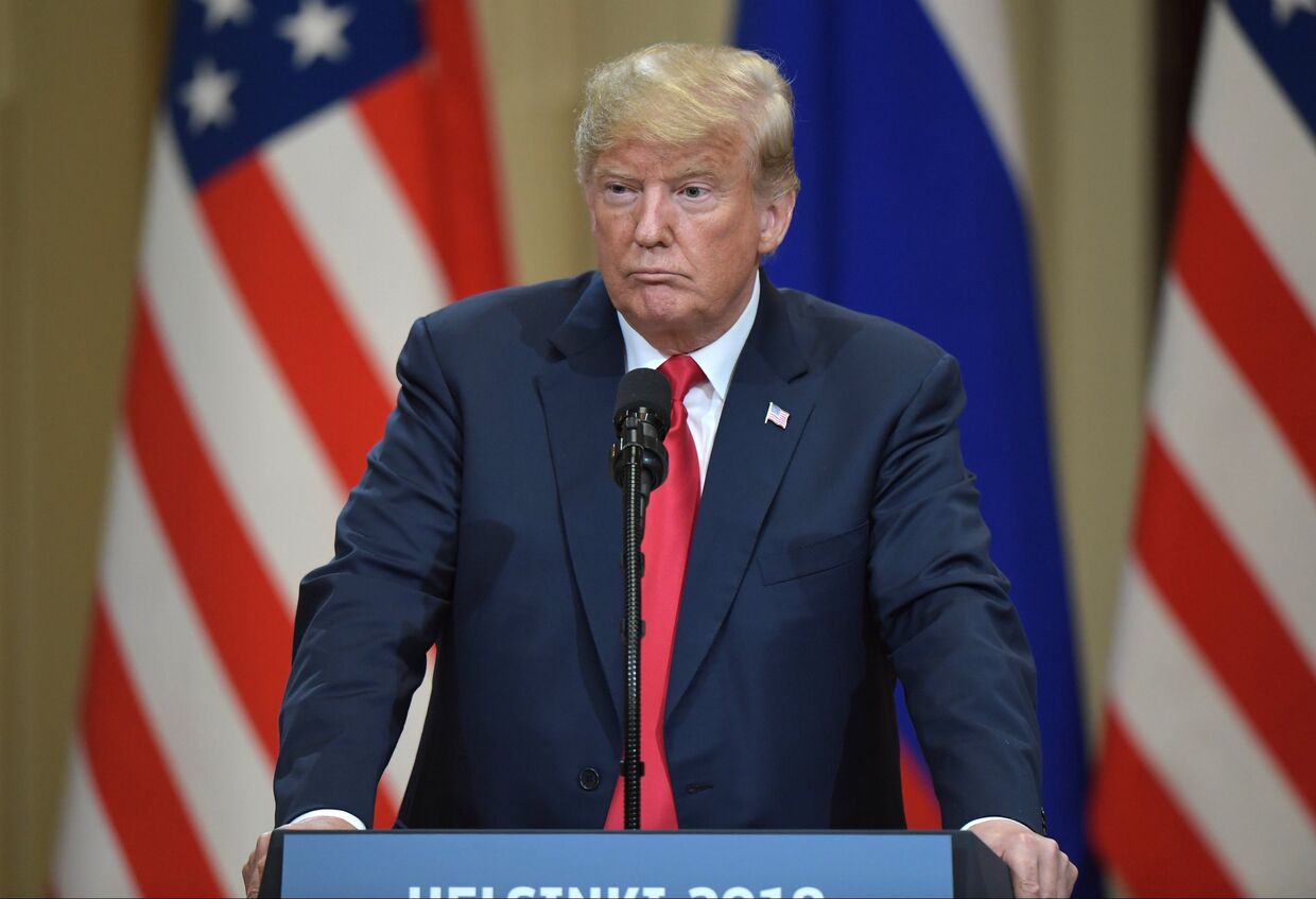 Президент США Дональд Трамп на совместной с президентом РФ Владимиром Путиным пресс-конференции по итогам встречи в Хельсинки. 16 июля 2018